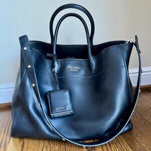 PRADA City Calf Tote Bag With Studded Strap, Black Leather